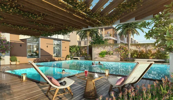 Landscaped gardens and walking paths at Serene Budigere senior living community
