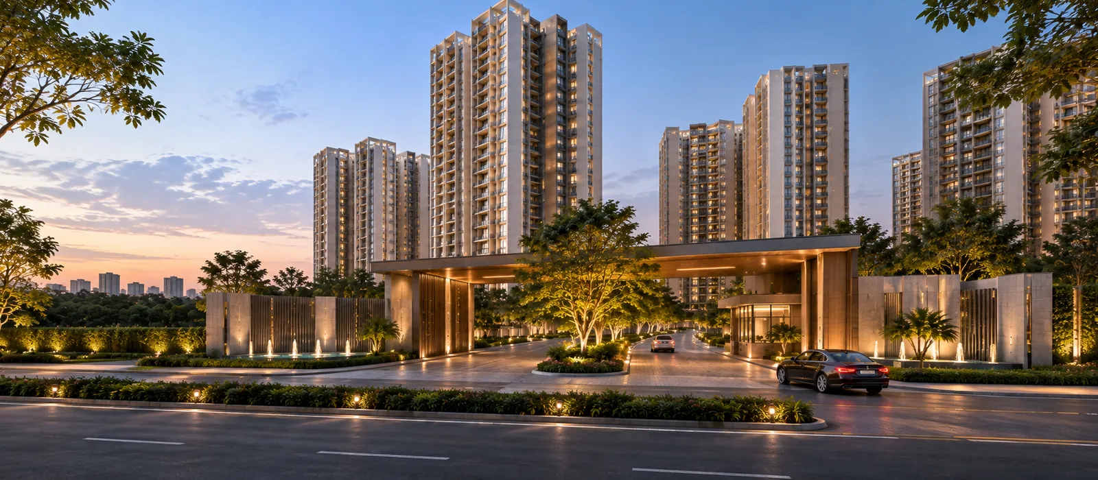 Serene Budigere Master Plan — Site Layout Overview Top-down layout of Serene Budigere showing landscaped areas, walking paths and apartment zones across 2.09 acres